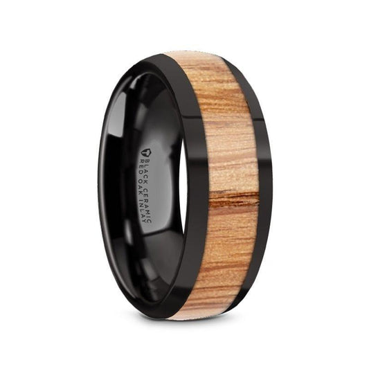 AMBROSE Black Ceramic Polished Edges Men's Domed Wedding Band with Red Oak Wood Inlay - 8mm - Thorsten Rings