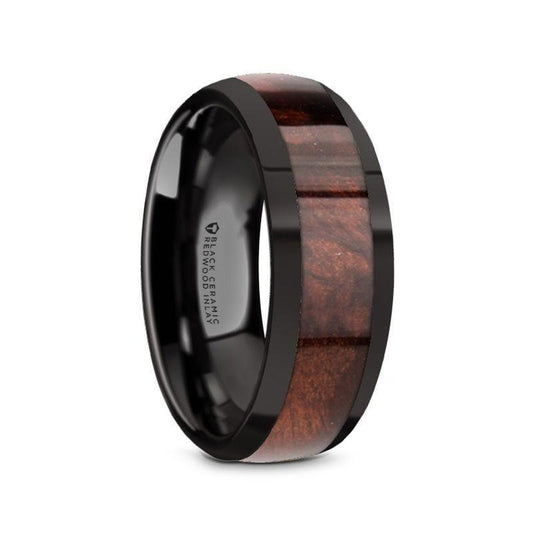 CLARET Black Ceramic Polished Edges Men's Domed Wedding Band with Redwood Inlay - 8mm - Thorsten Rings