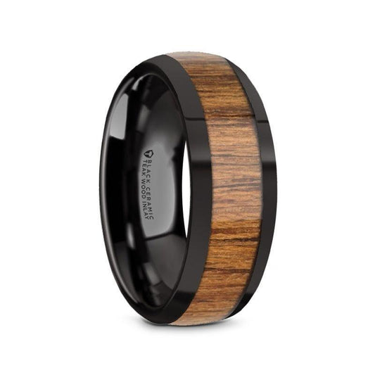 TULIAN Black Ceramic Polished Edges Men's Domed Wedding Band with Teak Wood Inlay - 8mm - Thorsten Rings