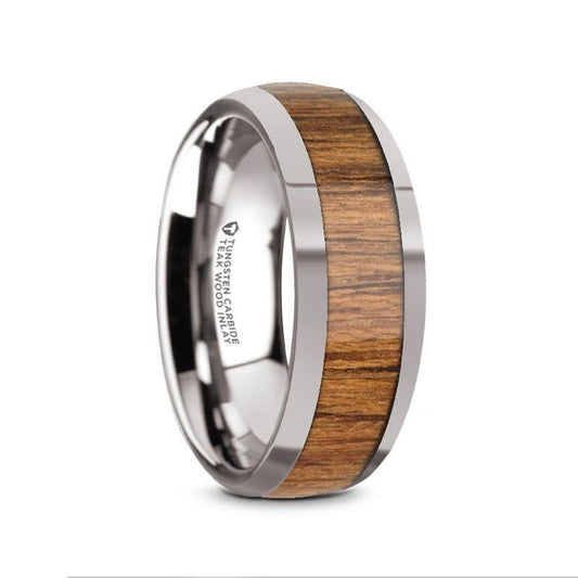 THEKKA Domed Tungsten Carbide Polished Edges Teak Wood Inlaid Men's Wedding Ring - 8mm - Thorsten Rings