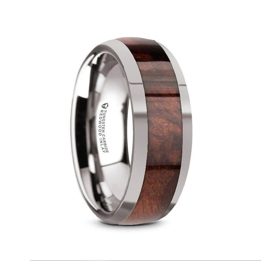 GROVE Men's Tungsten Polished Edges Domed Wedding Ring with Redwood Inlay - 8mm - Thorsten Rings