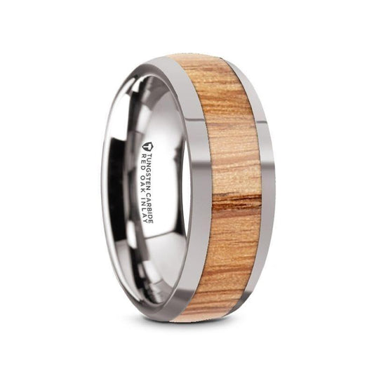 CINDER Men's Polished Edges Domed Tungsten Wedding Band with Red Oak Wood Inlay - 8mm - Thorsten Rings