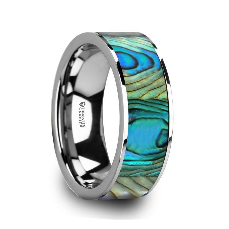 LAURANT Tungsten Men's Flat Wedding Band with Mother of Pearl Inlay & Polished Finish - 8mm - Thorsten Rings