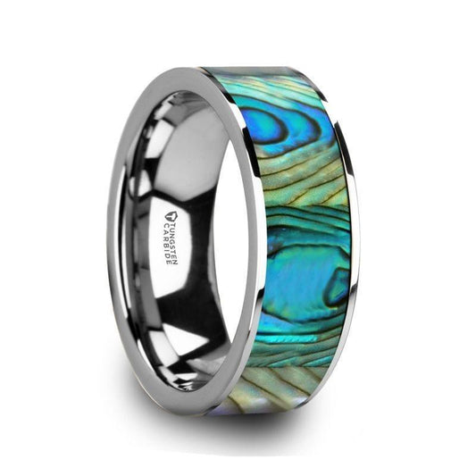 LAURANT Tungsten Men's Flat Wedding Band with Mother of Pearl Inlay & Polished Finish - 8mm - Thorsten Rings