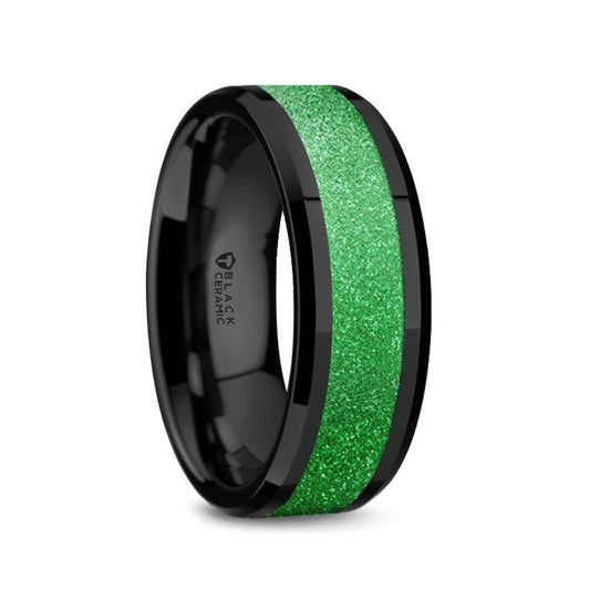 WAIKIKI Black Ceramic Polished Beveled Edges Sparkling Green Inlay Men's Wedding Band - 8mm - Thorsten Rings
