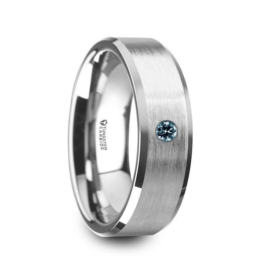 MOORE Flat Brushed Center Polished Beveled Edges Men's Tungsten Wedding Band with Blue Diamond Setting - 6mm & 8mm - Thorsten Rings