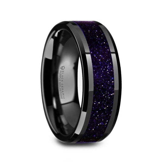MELO Black Ceramic Beveled Polished Men's Wedding Band with Purple Goldstone Inlay - 8mm - Thorsten Rings