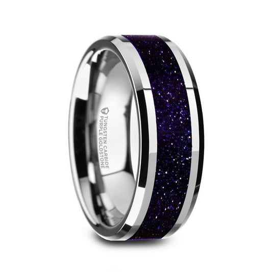 MAKI Men's Beveled Polished Finish Tungsten Wedding Ring with Purple Goldstone Inlay - 8mm - Thorsten Rings