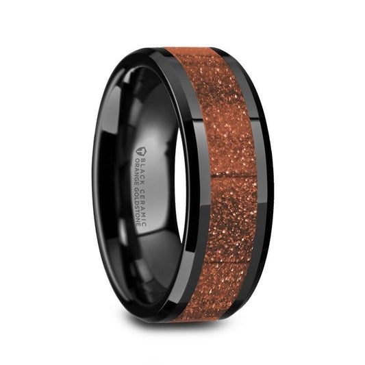BOLIN Men's Black Ceramic Polished Finish Beveled Edges Wedding Band with Orange Goldstone Inlay - 8mm - Thorsten Rings