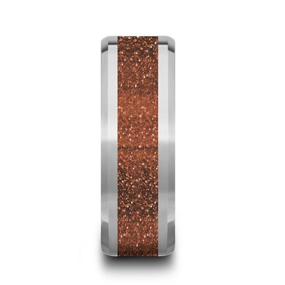 BODHI Men's Polished Finish Beveled Edges Tungsten Wedding Band with Orange Goldstone Inlay - 8mm