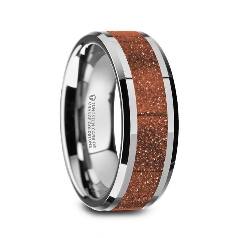 BODHI Men's Polished Finish Beveled Edges Tungsten Wedding Band with Orange Goldstone Inlay - 8mm - Thorsten Rings
