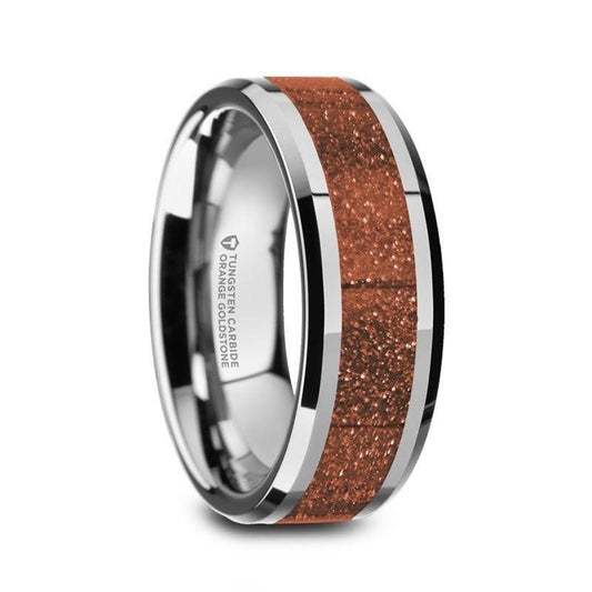 BODHI Men's Polished Finish Beveled Edges Tungsten Wedding Band with Orange Goldstone Inlay - 8mm - Thorsten Rings