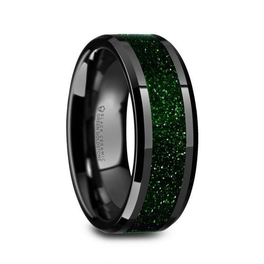 GIOVANNI Men's Polished Finish Black Ceramic Beveled Wedding Band with Green Goldstone Inlay - 8mm - Thorsten Rings
