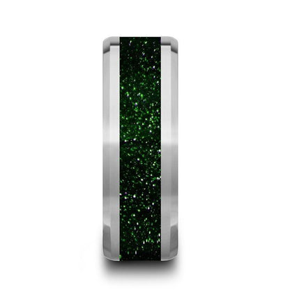 PATRICK Men's Polished Finish Beveled Edges Tungsten Wedding Band with Green Goldstone Inlay - 8mm