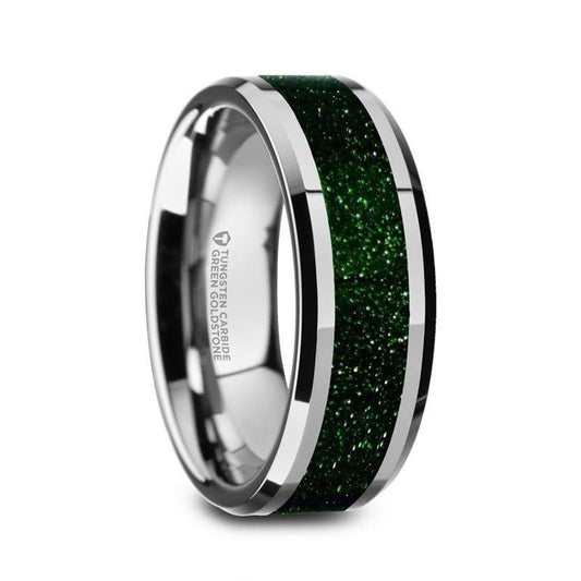 PATRICK Men's Polished Finish Beveled Edges Tungsten Wedding Band with Green Goldstone Inlay - 8mm - Thorsten Rings