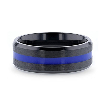 DECLAN Men's Beveled Black Ceramic Brushed Finish Wedding Band with Polished Blue Stripe - 8mm