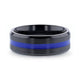 DECLAN Men's Beveled Black Ceramic Brushed Finish Wedding Band with Polished Blue Stripe - 8mm