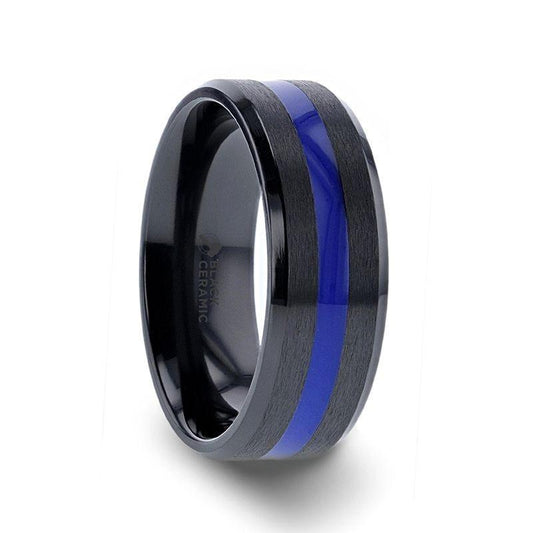 DECLAN Men's Beveled Black Ceramic Brushed Finish Wedding Band with Polished Blue Stripe - 8mm - Thorsten Rings