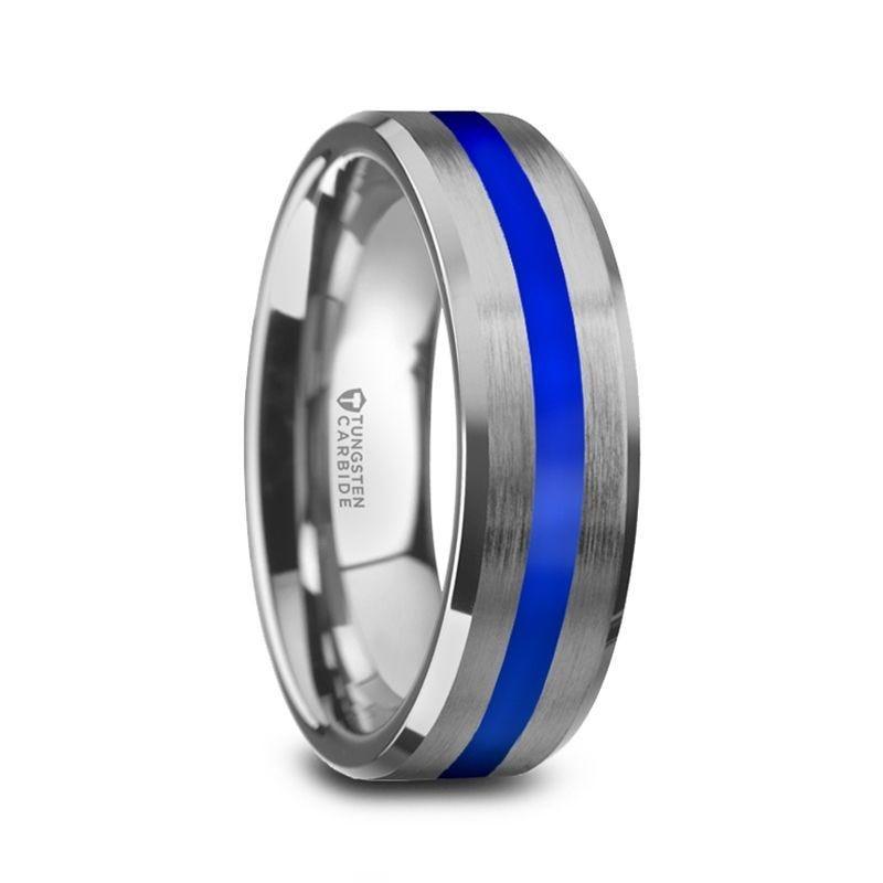 LAWSON Men's Beveled Edges White Tungsten Brushed Finish Wedding Ring with Blue Stripe - 8mm - Thorsten Rings