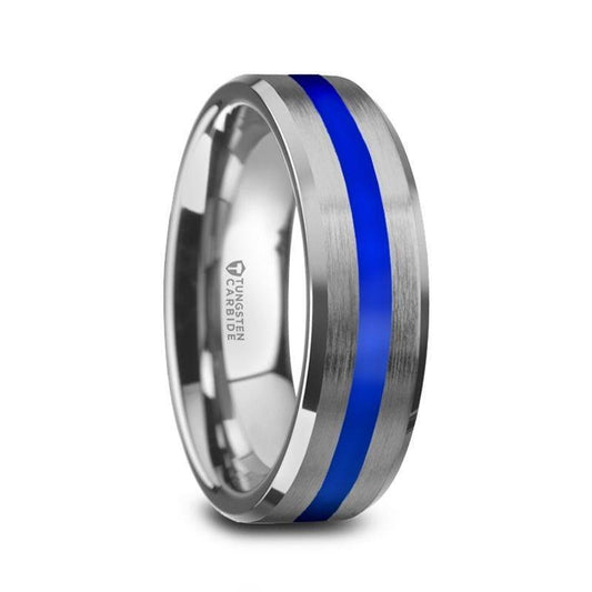 LAWSON Men's Beveled Edges White Tungsten Brushed Finish Wedding Ring with Blue Stripe - 8mm - Thorsten Rings