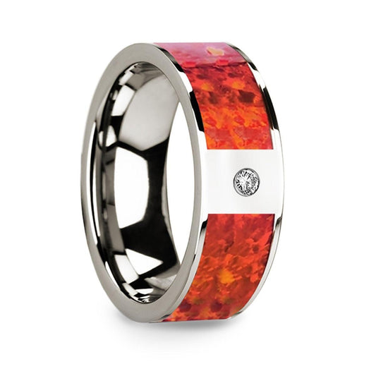 Red Opal Inlaid Polished 14k White Gold Men's Wedding Ring with Diamond Accent - 8mm - Thorsten Rings