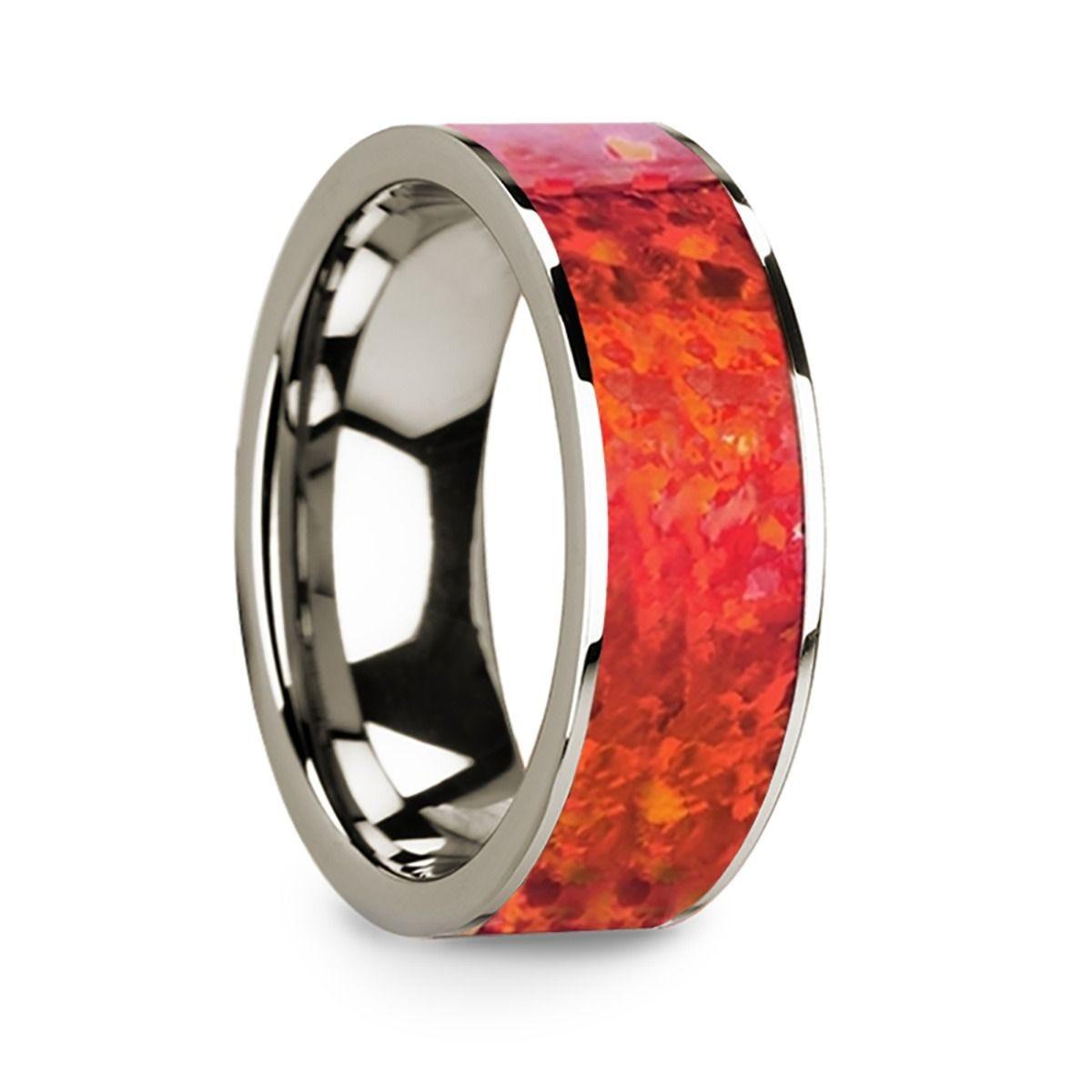 Polished 14k White Gold Men's Flat Wedding Ring with Red Opal Inlay - 8mm - Thorsten Rings
