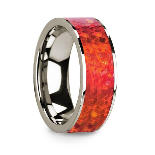 Polished 14k White Gold Men's Flat Wedding Ring with Red Opal Inlay - 8mm - Thorsten Rings