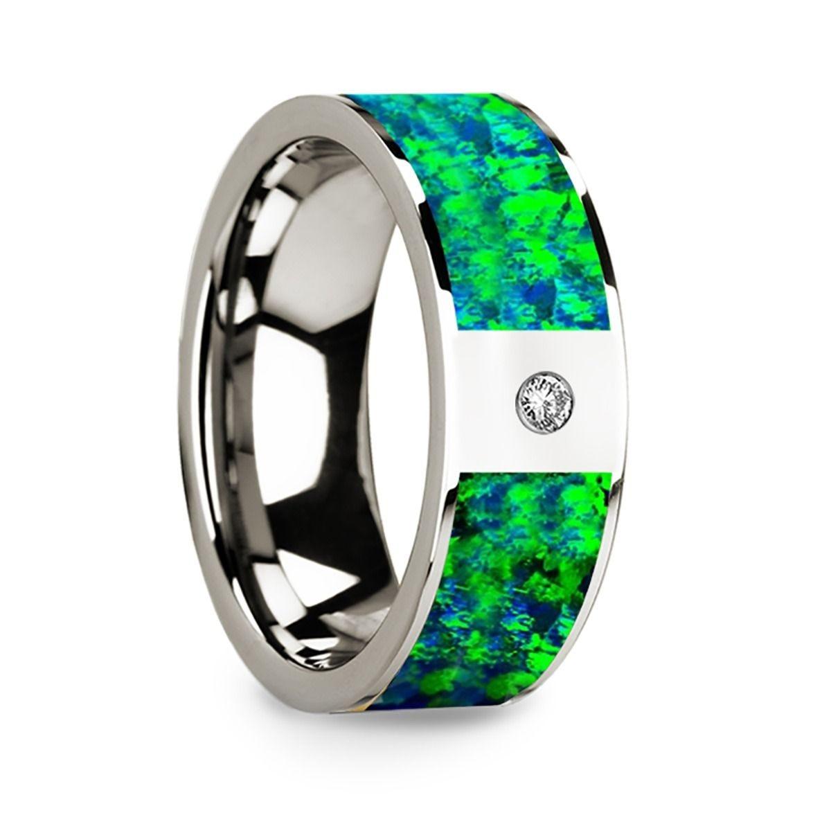 Men's Polished 14k White Gold & Green/Blue Opal Inlay Wedding Ring with Diamond - 8mm - Thorsten Rings