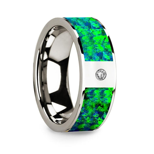 Men's Polished 14k White Gold & Green/Blue Opal Inlay Wedding Ring with Diamond - 8mm - Thorsten Rings