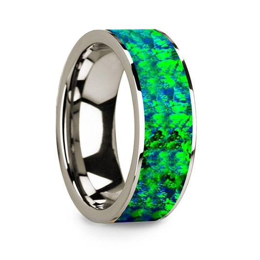 Men's 14k White Gold & Green/Blue Opal Inlaid Flat Wedding Band - 8mm - Thorsten Rings
