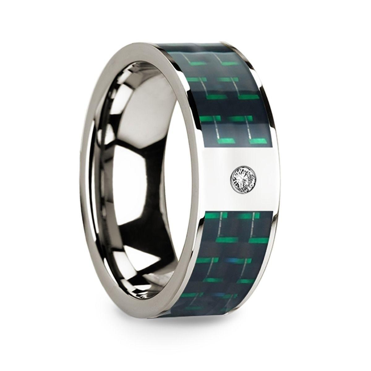 Diamond Accented 14k White Gold Men's Wedding Ring with Black & Green Carbon Fiber Inlay - 8mm - Thorsten Rings