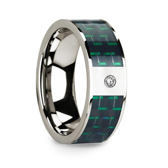 Diamond Accented 14k White Gold Men's Wedding Ring with Black & Green Carbon Fiber Inlay - 8mm - Thorsten Rings
