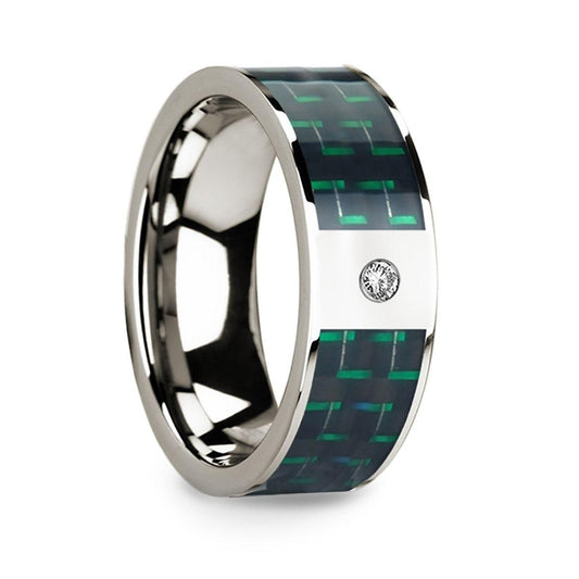Diamond Accented 14k White Gold Men's Wedding Ring with Black & Green Carbon Fiber Inlay - 8mm - Thorsten Rings