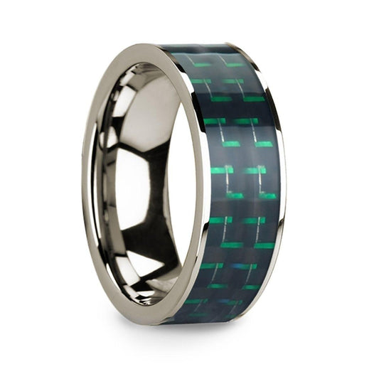 Men's Polished 14k White Gold Flat Ring with Black & Green Carbon Fiber Inlay - 8mm - Thorsten Rings