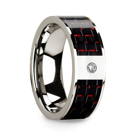 Men's 14k White Gold Flat Wedding Ring with Red & Black Carbon Fiber Inlay & Diamond - 8mm - Thorsten Rings
