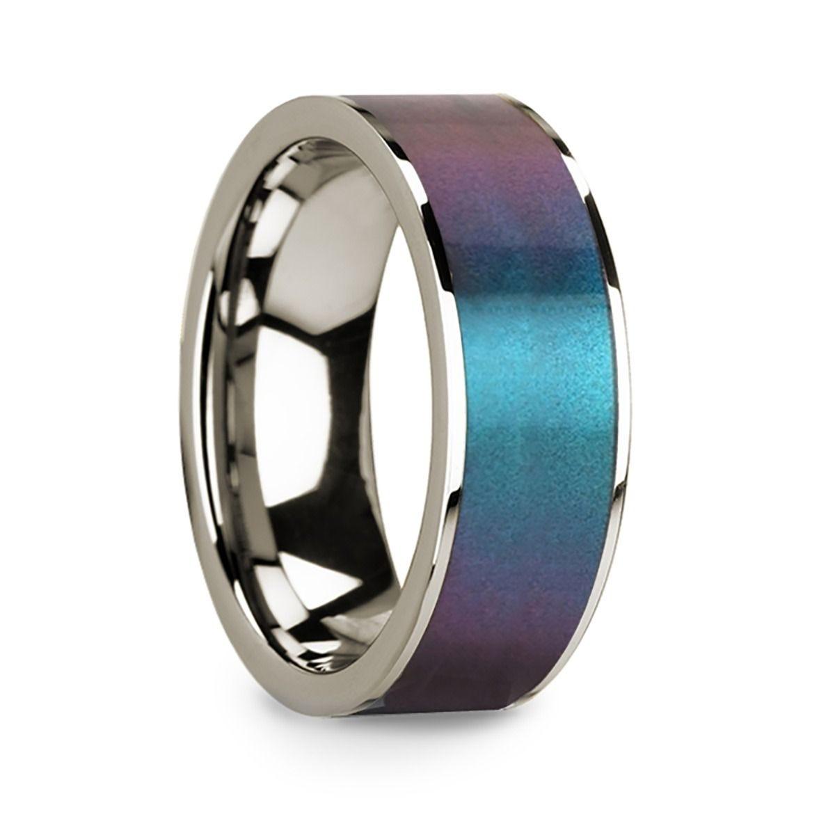 Blue & Purple Color Changing Inlaid Polished 14k White Gold Men���s Wedding Ring - 8mm