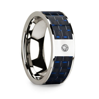 Diamond Center 14k White Gold Men's Wedding Ring with Blue & Black Carbon Fiber Inlay - 8mm - Thorsten Rings