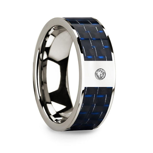 Diamond Center 14k White Gold Men's Wedding Ring with Blue & Black Carbon Fiber Inlay - 8mm - Thorsten Rings