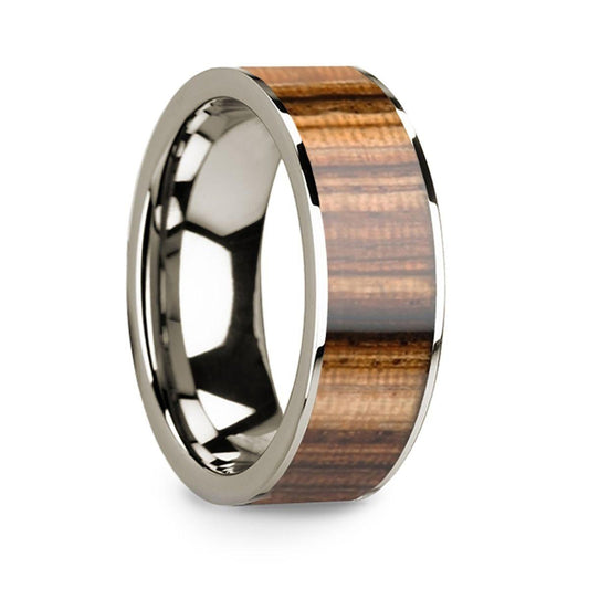 Men's Polished 14k White Gold & Zebra Wood Inlay Flat Wedding Ring - 8mm - Thorsten Rings