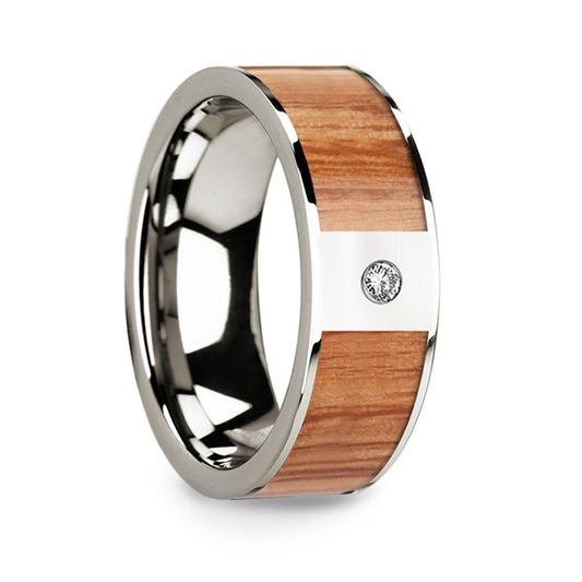 Polished 14k White Gold Men's Wedding Band with Red Oak Wood Inlay & Diamond Accent - 8mm - Thorsten Rings