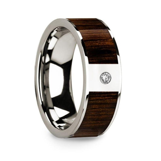 Men's Polished 14k White Gold & Black Walnut Inlay Wedding Ring with Diamond - 8mm - Thorsten Rings