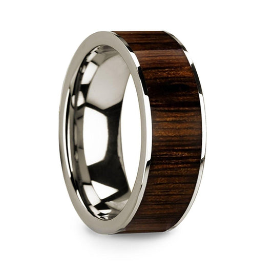 Polished 14k White Gold Men's Ring with Black Walnut Wood Inlay 8mm - Thorsten Rings