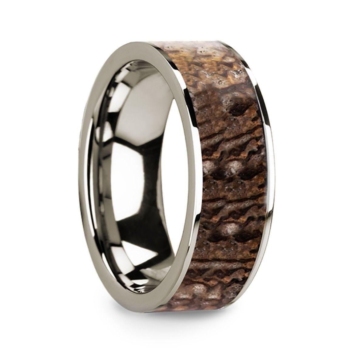 Polished 14k White Gold Men's Flat Wedding Ring with Brown Dinosaur Bone Inlay - 8mm - Thorsten Rings