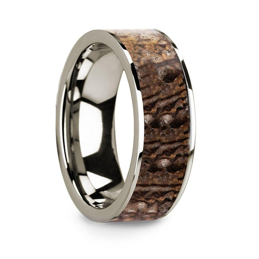 Polished 14k White Gold Men's Flat Wedding Ring with Brown Dinosaur Bone Inlay - 8mm - Thorsten Rings