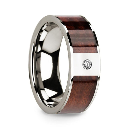 Redwood Inlaid Polished 14k White Gold Men's Wedding Ring with Diamond Center - 8mm - Thorsten Rings