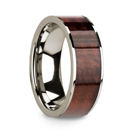 Polished 14k White Gold Men's Wedding Band with Redwood Inlay - 8mm - Thorsten Rings