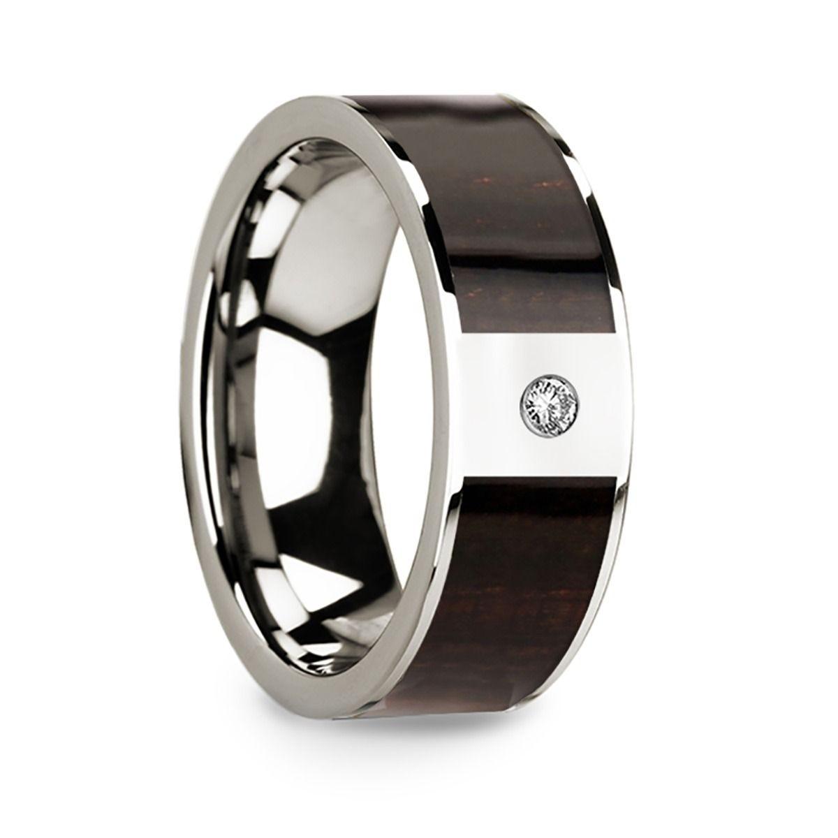 Men's Polished 14k White Gold & Ebony Wood Inlaid Wedding Ring with Diamond Center - 8mm - Thorsten Rings