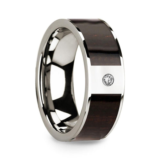 Men's Polished 14k White Gold & Ebony Wood Inlaid Wedding Ring with Diamond Center - 8mm - Thorsten Rings