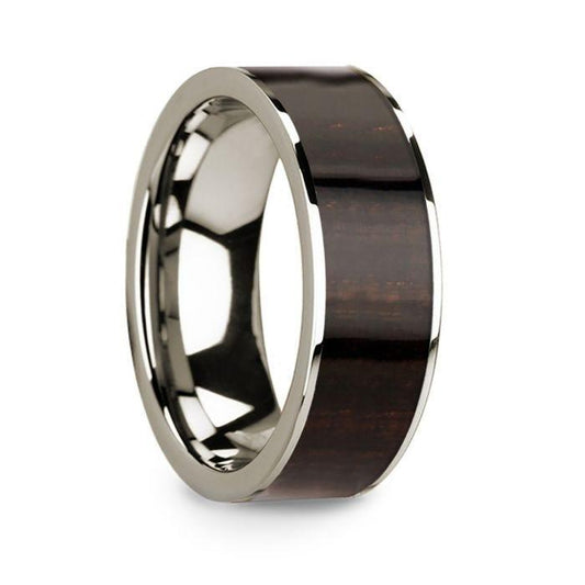 Men's Polished 14k White Gold with Ebony Wood Inlay Wedding Ring - 8mm - Thorsten Rings