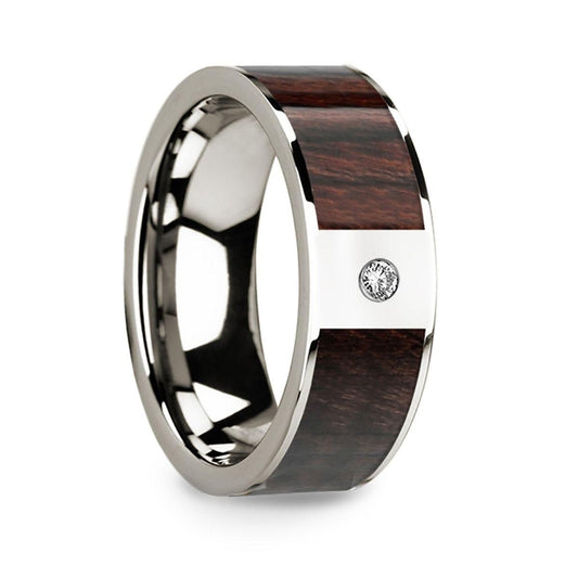 Polished 14k White Gold Men's Wedding Band with Bubinga Wood Inlay & Diamond - 8mm - Thorsten Rings